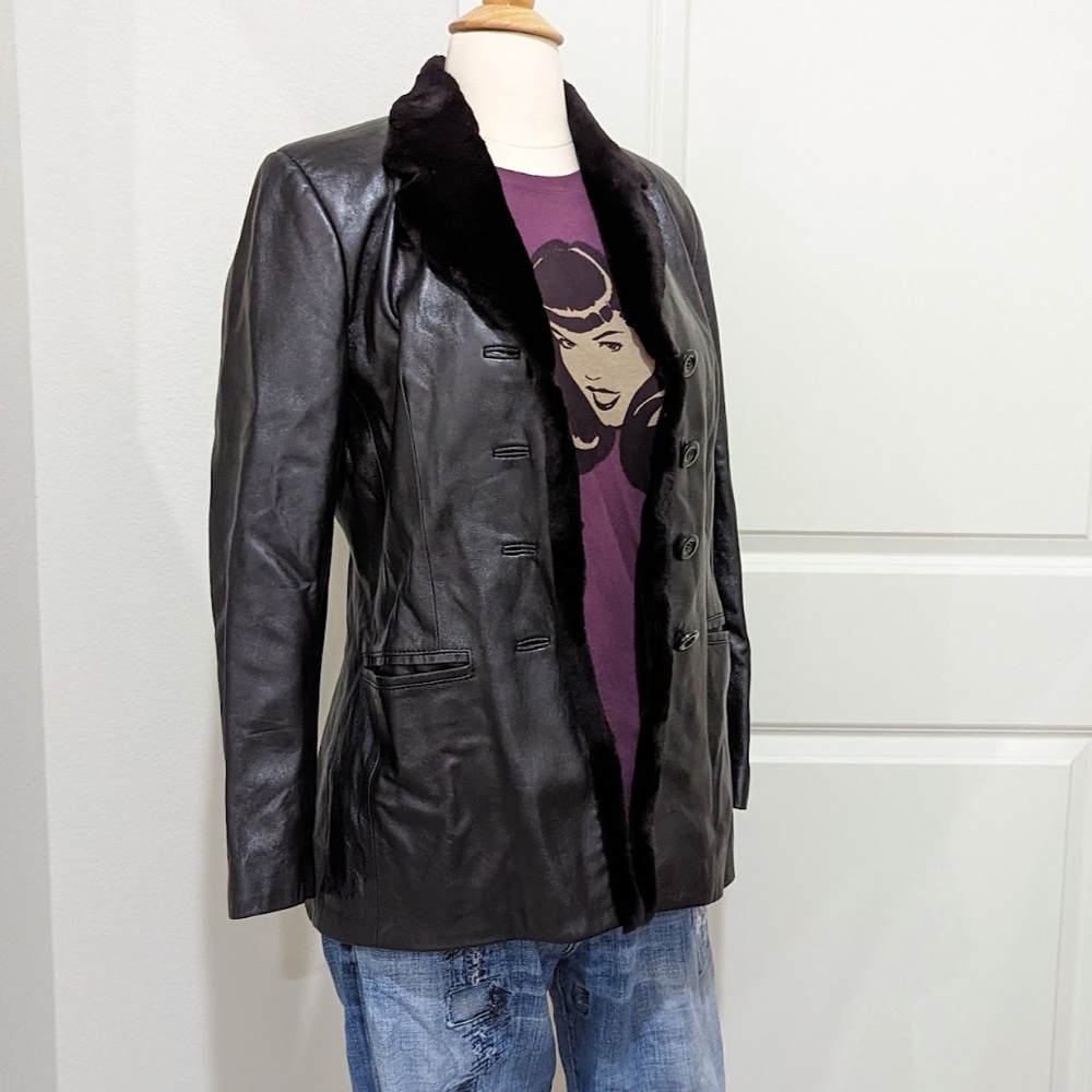 CHOSEN Black Leather Button Down Jacket Coat 2 Pockets Mink Fur Trim - Small